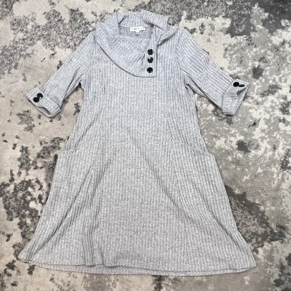 Robbie Bee Womens Gray Ribbed Cowl Neck A-Line Dress Petite Large PL Pockets